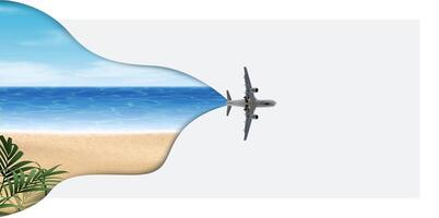 3d realistic illustration. Travel plane bannew with beach and sea view. vector
