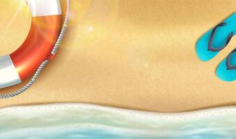3d realistic illustration. Summer background. Top view sand beach with waves and sun flare. vector