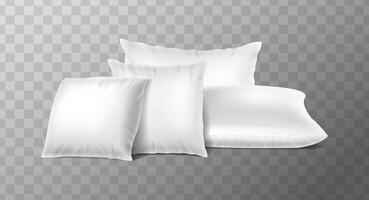 3d realistic illustration. Side view white pillows with flying feathers around. isolated on white background. Sweet dreams concept. vector