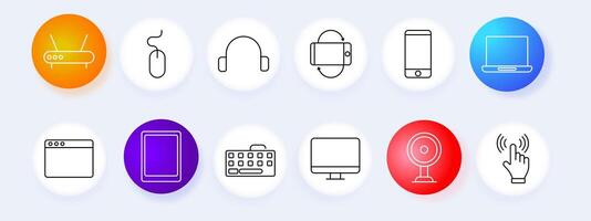 Electronic devices set icon. Router, mouse, headphones, smartphone, laptop, tablet, monitor, camera, , graphic, technology, connection, device. vector