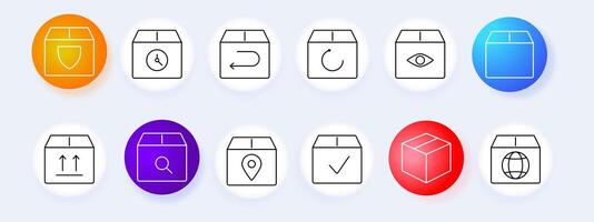 Shipping and delivery set icon. Package, tracking, return, secure, logistics, global, search, , graphic, technology. vector