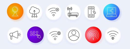 Communication network set icon. Router, cloud, Wi-Fi, user, megaphone, settings, laptop, , graphic, technology, connection. vector