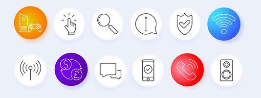 Gaming and multimedia set icon. Game console, touch, search, information, Wi-Fi, signal, currency, communication, , graphic. vector