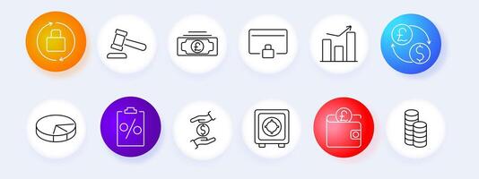 Finance and investment set icon. Wallet, gavel, currency, secure payment, graph, pie chart, savings, , graphic, economy. vector