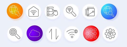 Internet search set icon. Globe, house, checklist, Wi-Fi, analysis, gear, cloud, upload, download, data, digital, , technology, connectivity, network. vector
