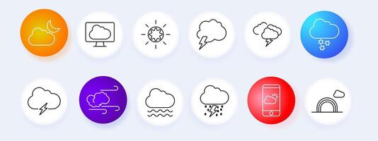 Weather forecast set icon. Cloud, moon, monitor, sun, lightning, snow, rain, wind, mobile app, temperature, storm, prediction, , graphic. vector