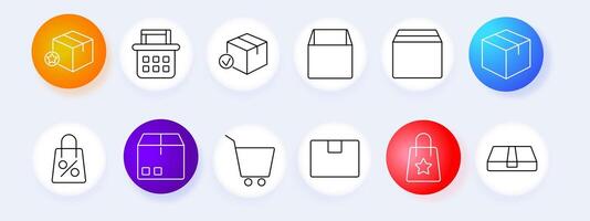 Shopping and delivery set icon. Bag, cart, package, basket, ecommerce, box, , graphic, buy, store, market. vector