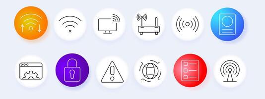 Wireless network set icon. Wi-Fi signal, router, connection, internet, security, settings, analysis, , graphic, technology. vector