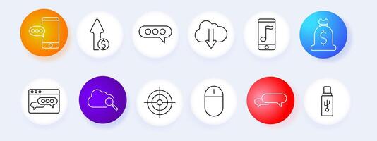 Communication and technology icon set. Chat, smartphone, download, cloud, music, target, mouse, search, , graphic. vector