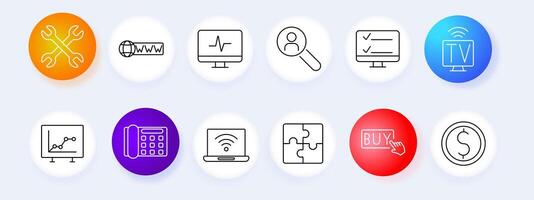 Business technology set icon. Tools, internet, monitor, user, analytics, TV, phone, laptop, shopping, , graphic, settings. vector