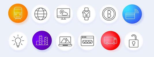 Smart devices set icon. Train, globe, weather, smartwatch, cryptocurrency, payment, lightbulb, laptop, delivery, security, , graphic. vector
