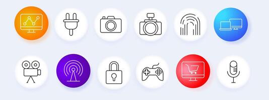 Digital security set icon. Graph, plug, camera, fingerprint, monitor, signal, lock, gaming, shopping, microphone, , graphic. vector
