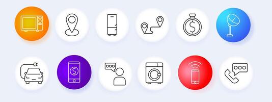 Home appliances set icon. Microwave, location, refrigerator, timer, satellite, car, chat, washing machine, smartphone, call, . vector