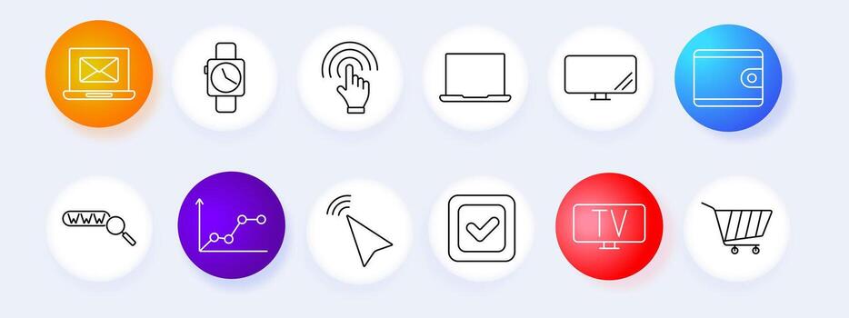 Technology and communication set icon. Email, smartwatch, touch, laptop, monitor, wallet, search, , graphic, data. vector