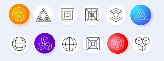 Geometric shapes set icon. Circles, triangles, squares, grid, cube, abstract design, sphere, pattern, symmetry, structure, 3D, , geometric, polygons, complexity, arrangement. vector