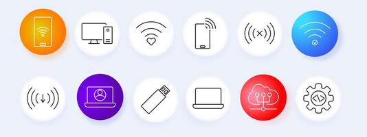 Mobile network set icon. Smartphone, PC, Wi-Fi, USB, cloud, download, , graphic, technology, connection, internet. vector