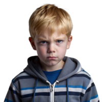 Young boy with a serious expression in a striped hoodie, looking directly at the camera png