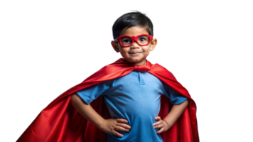 Superhero boy in red cape and mask, posing heroically against a transparent background png