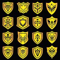 shields set of golden shield icons on black background. Shield illustration vector