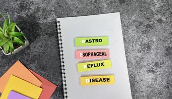 Concept of GERD - Gastro Esophageal Reflux Disease write on sticky notes isolated on Wooden Table. photo