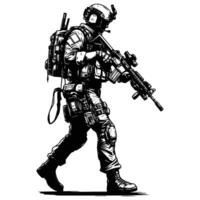 a black and white drawing of a soldier with a rifle vector