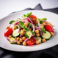 Vegetarian chickpea salad prepared with tomatoes, cucumber, red onion, cress salad and arugula, White Background, photo