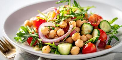 Vegetarian chickpea salad prepared with tomatoes, cucumber, red onion, cress salad and arugula, White Background, photo