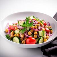 Vegetarian chickpea salad prepared with tomatoes, cucumber, red onion, cress salad and arugula, White Background, photo