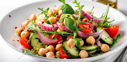 Vegetarian chickpea salad prepared with tomatoes, cucumber, red onion, cress salad and arugula, White Background, photo