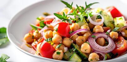 Vegetarian chickpea salad prepared with tomatoes, cucumber, red onion, cress salad and arugula, White Background, photo
