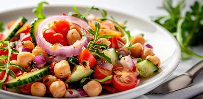 Vegetarian chickpea salad prepared with tomatoes, cucumber, red onion, cress salad and arugula, White Background, photo