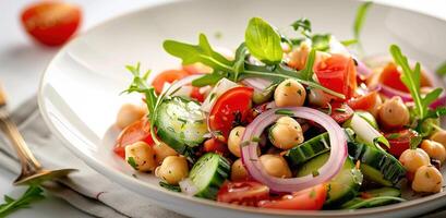Vegetarian chickpea salad prepared with tomatoes, cucumber, red onion, cress salad and arugula, White Background, photo