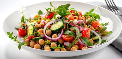 Vegetarian chickpea salad prepared with tomatoes, cucumber, red onion, cress salad and arugula, White Background, photo