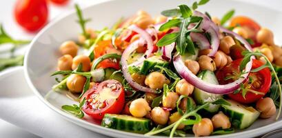 Vegetarian chickpea salad prepared with tomatoes, cucumber, red onion, cress salad and arugula, White Background, photo
