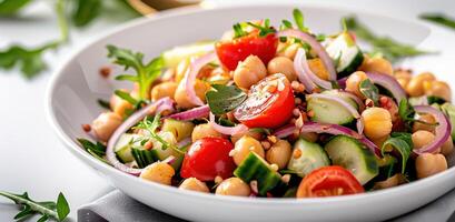 Vegetarian chickpea salad prepared with tomatoes, cucumber, red onion, cress salad and arugula, White Background, photo