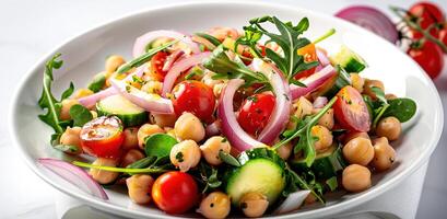 Vegetarian chickpea salad prepared with tomatoes, cucumber, red onion, cress salad and arugula, White Background, photo