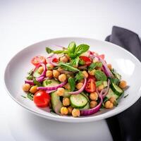 Vegetarian chickpea salad prepared with tomatoes, cucumber, red onion, cress salad and arugula, White Background, photo