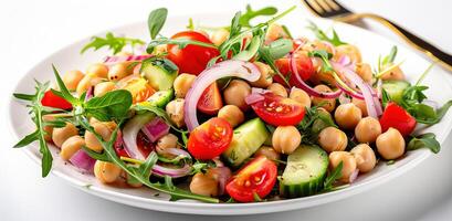 Vegetarian chickpea salad prepared with tomatoes, cucumber, red onion, cress salad and arugula, White Background, photo
