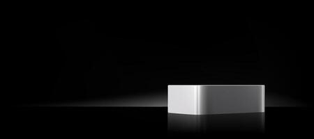 Black Background,Empty Studio Room with Spot Light on White Shiny Podium Display for Cosmetics Product Presentation, Minimal Backdrop Metal shelf texture with light reflect on floor vector