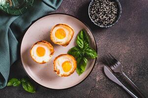 Chicken eggs baked in bacon and basil leaves on a plate on the table top view photo