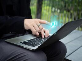 Human person people cheerful pointing finger touch screen ai artificial intelligence notebook computer datum network science innovation business electronic system idea global development industry art photo