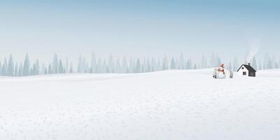 Minimalist snowscape with cottage and kids playing with snowman have pine forest and blue sky behind graphic illustration. Merry Christmas and Happy New Year greeting card template have blank space. vector