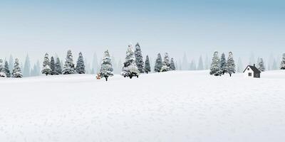 Minimalist snowscape with cottage and pine forest graphic illustration. Merry Christmas and Happy New Year greeting card template have blank space. vector