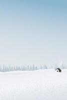 Minimalist snowscape with cottage have pine forest and blue sky behind graphic illustration. Merry Christmas and Happy New Year greeting card vertical template have blank space. vector