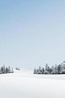 Minimalist snowscape with pine forest, mountain ranges and snowfall graphic illustration. Merry Christmas and Happy New Year greeting card template have blank space. vector