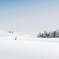 Minimalist snow landscape with lonely fox and pine forest graphic illustration. Merry Christmas and Happy New Year greeting card square template have blank space. vector
