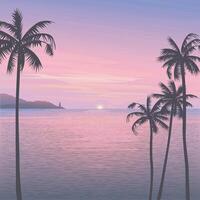 Minimalist seascape with silhouetted palm trees, mountain ranges, sunset and twilight sky square background graphic illustration have blank space. vector