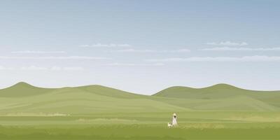 Minimalist landscape grass field and mountain ranges with a woman handling her dog on the leash graphic illustration have blank space. vector