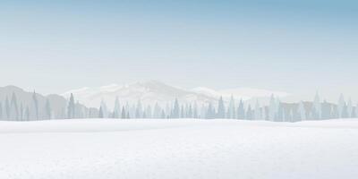 Minimalist snowscape with silhouetted pine forest and mountain ranges behind graphic illustration. Merry Christmas and Happy New Year greeting card template have blank space. vector