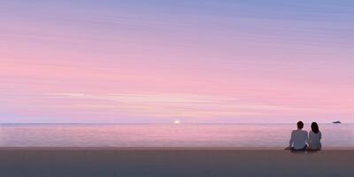 Minimalist seascape at sunset have silhouetted of lover sitting on barrier graphic illustration. Honeymoon concept with twilight sky have blank space. vector